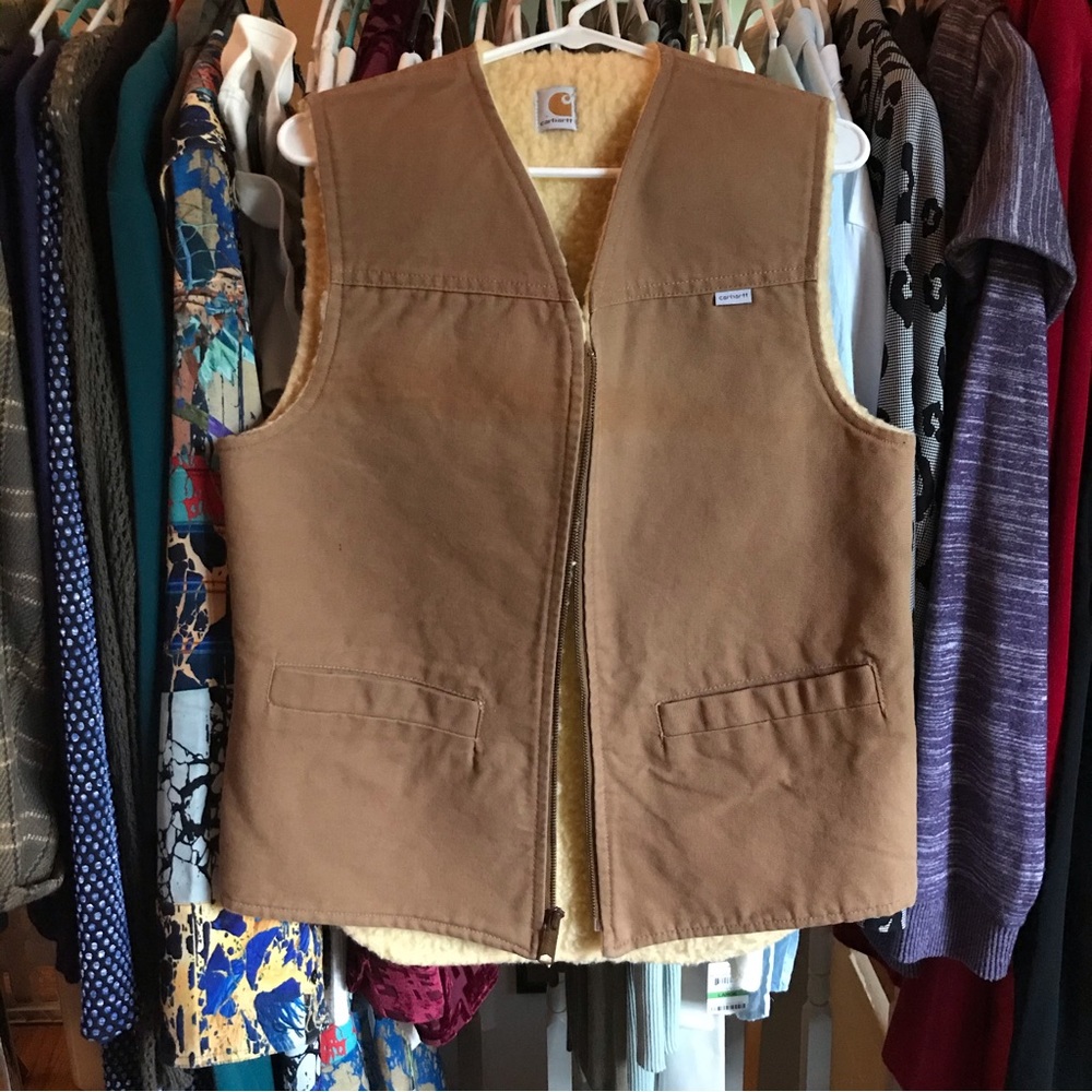 Vintage Carhartt USA Faux Sherpa Shearling Vest Hunting M -38 Chest -28” Long